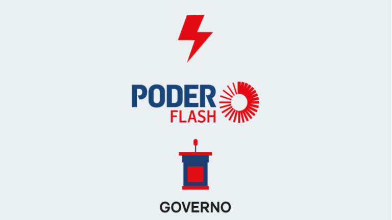 A imagem mostra o símbolo de um raio, uma referência à palavra "flash", o logotipo do Poder Flash e o símbolo de um púlpito, representando o governo.