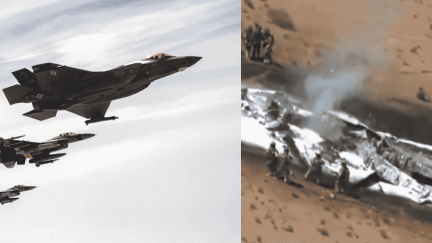 Caças F-35 no ar e modelo após acidente