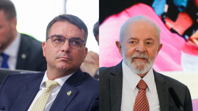 Na foto, o senador Flávio Bolsonaro (esq.) e o presidente Luiz Inácio Lula da Silva (dir.)