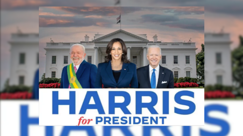 Na foto, da esquerda para direita, o presidente Luiz Inácio Lula da Silva, a vice-presidente e pré-candidata, Kamala Harris e o atual presidente dos Estados Unidos, Joe Biden