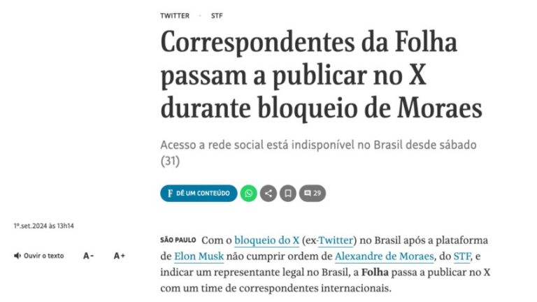 Na imagem acima, notícia da "Folha de S.Paulo" informando que usará time de correspondentes para postar no X