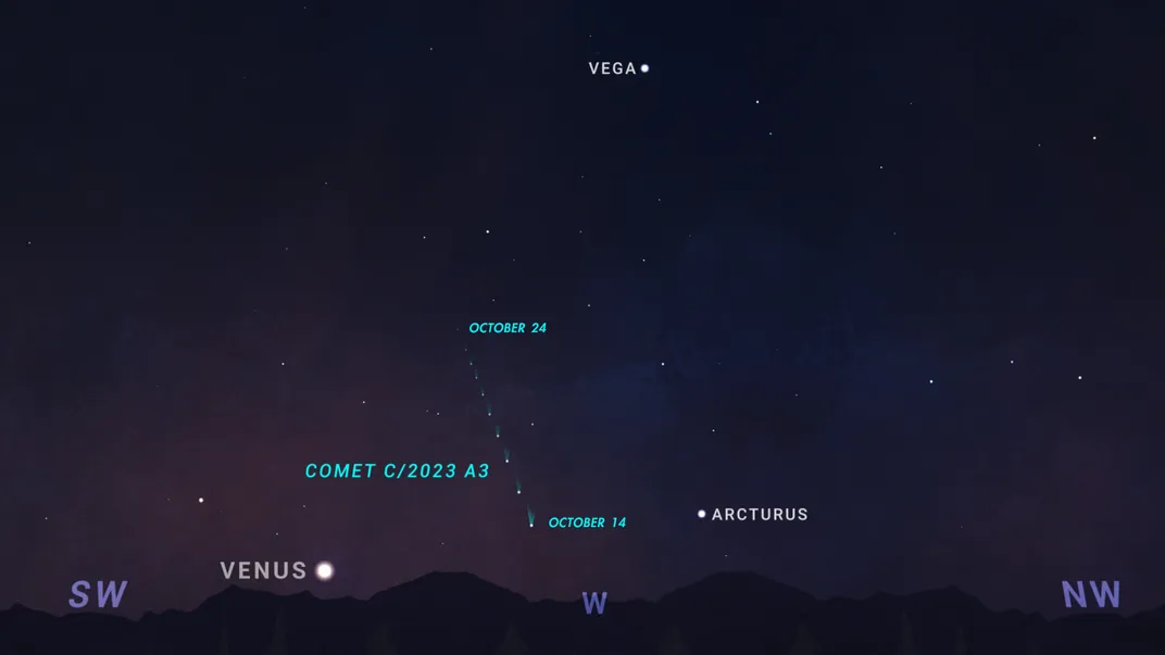 Путеводитель по небу для поиска кометы А3, расположенной между Венерой и Арктуром на западном небе, которая в течение месяца становится все выше.