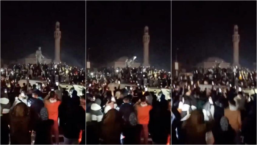 Na imagem acima, o momento da derrubada da estátua de al-Assad em Homs