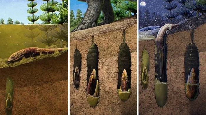 три рядом расположенные иллюстрации существа, похожего на саламандру, зарывающегося прямо под воду