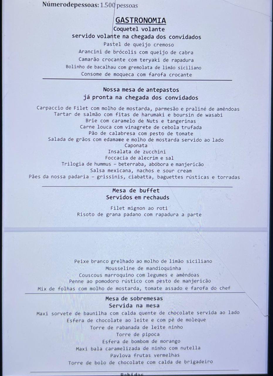 Меню вечеринки Hugo Motta в Бразилии