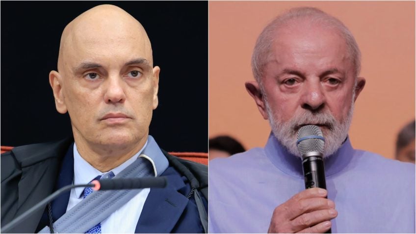 Na imagem acima, o ministro do STF Alexandre de Moraes (à esq.) e o presidente Lula (à dir.)