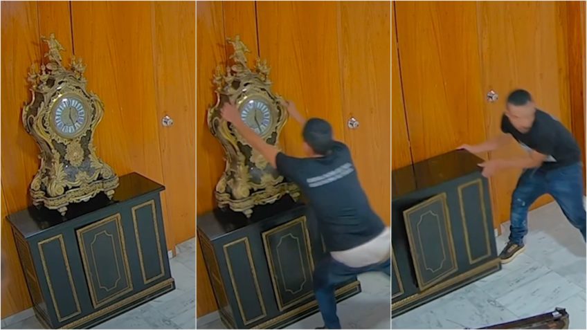 Nas imagens acima, o momento em que Antônio Claudio Alves Ferreira joga o relógio do século 17 no chão