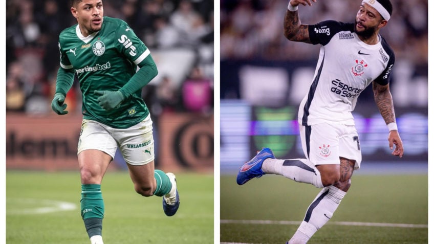 Atacante do Palmeiras, Vitor Roque (esq.) e o Atacante do Corinthians, Memphis Depay (dir.)