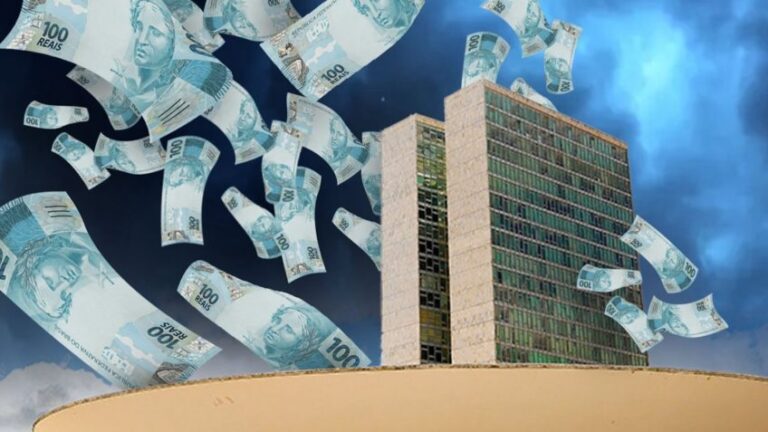 Arte mostra notas de reais caindo sobre o prédio do Congresso Nacional