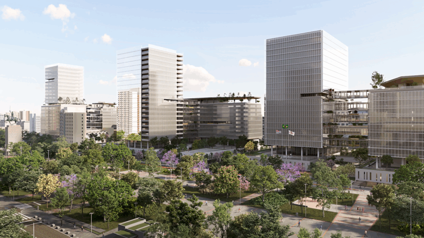 Na imagem, projeto com o planejamento de como deve ficar nova sede do governo estadual, na região dos Campos Elísios (centro)