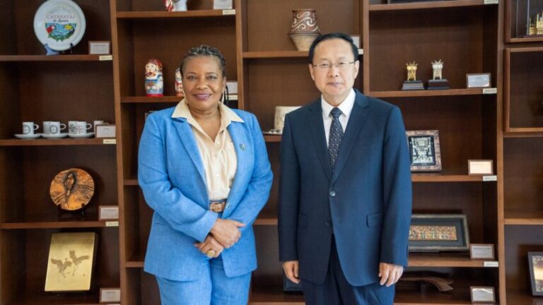 A ministra da Cultura, Margareth Menezes, ao lado do ministro da Cultura e do Turismo da China, Sun Yeli