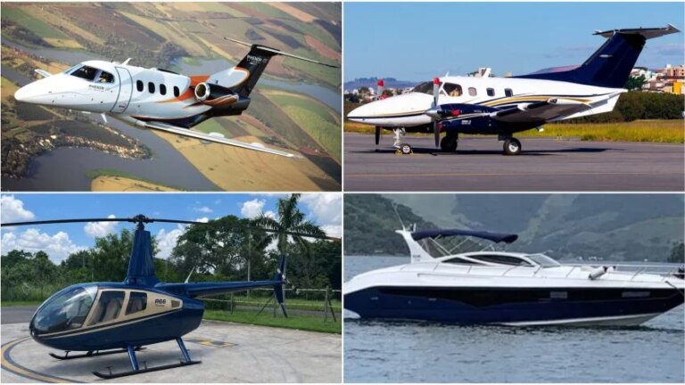 Na imagem, de cima para baixo e da esquerda para a direita: um • Embraer Phenom, um Embraer Xingu, um helicóptero Robinson R66 e uma lancha Real Powerboats 420; modelos semelhantes foram declarados por políticos em 2026